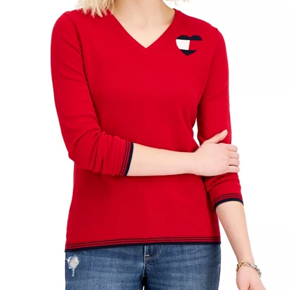 Tommy Hilfiger Red Heart V-Neck Sweater Size XS